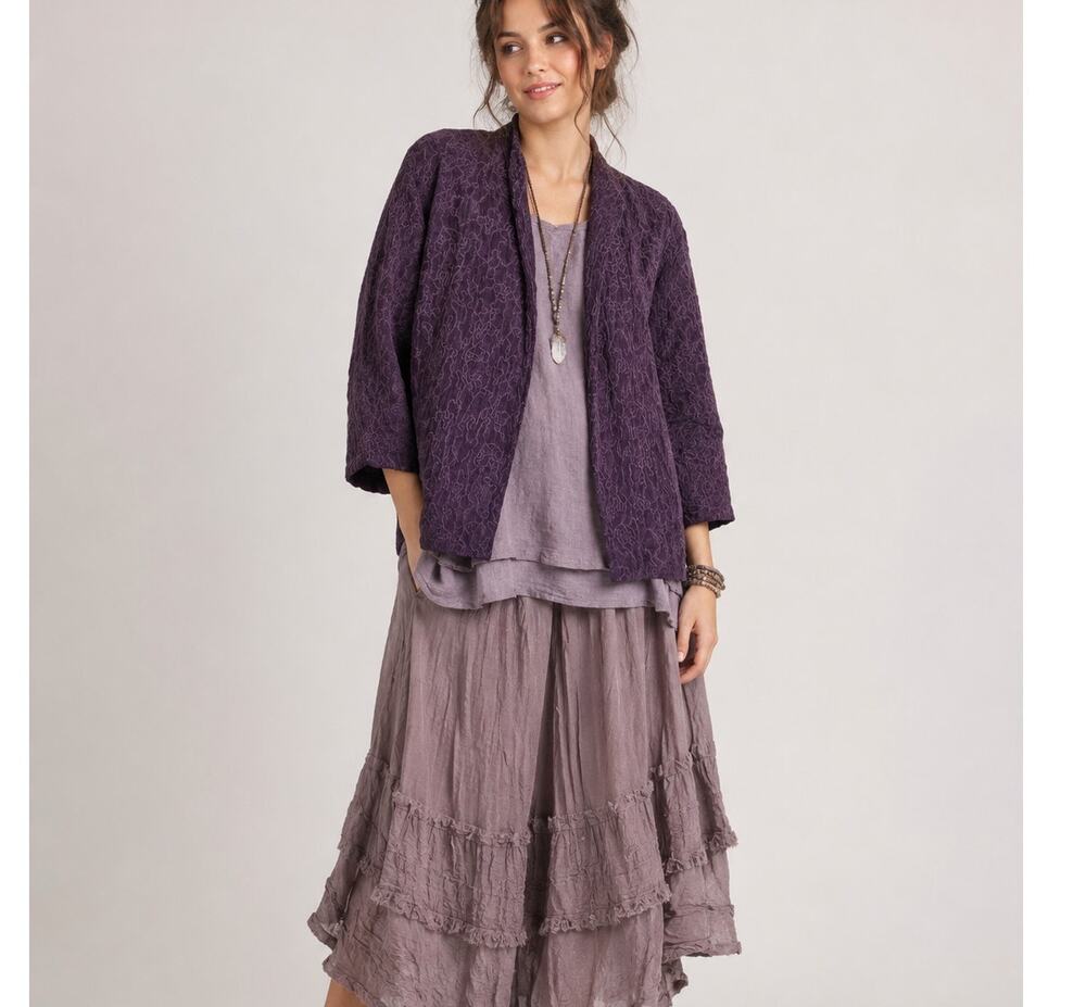 Eileen Fisher Purple Silk Embroidered Jacket 3/4 Sleeve Jacket XS Classic Fall